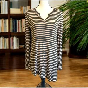 CAbi Slant Tee in Tan and Black Stripes Size Medium